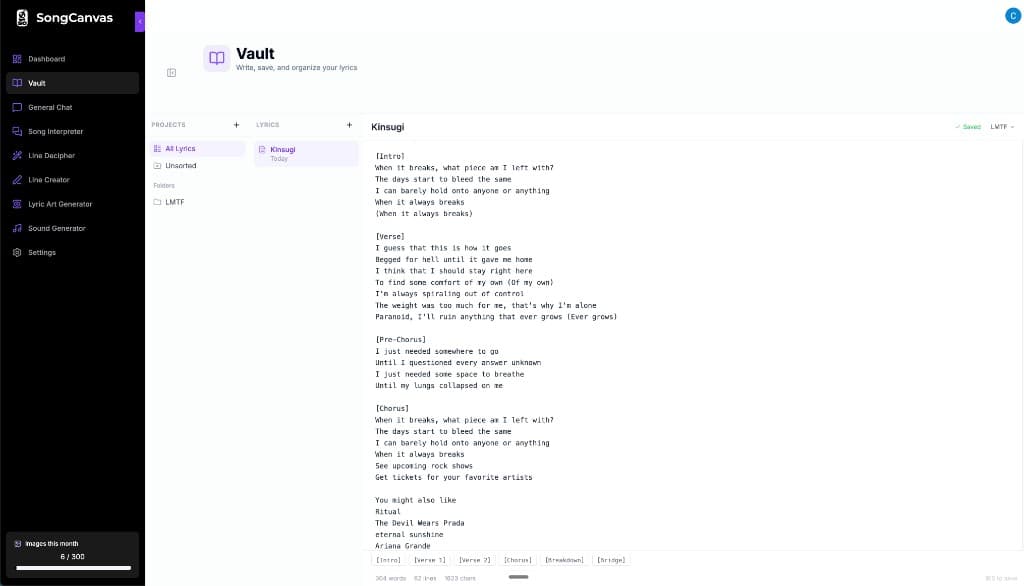 SongCanvas studio — lyrics, ideas, and visuals for your next song, all in one place